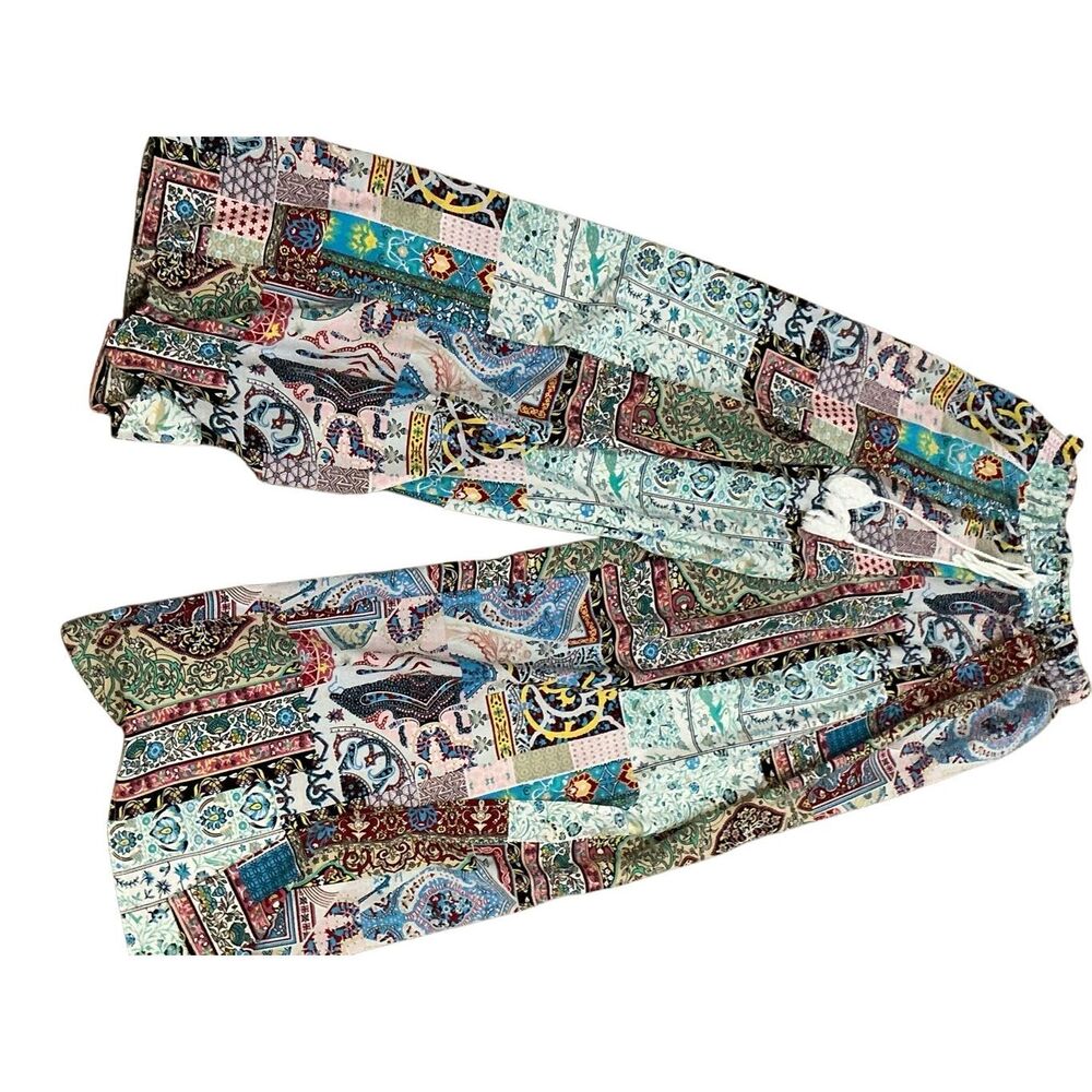 Boho Patchwork Wide Leg Trousers - Colorful Paisley & Floral Print Pants Size S
